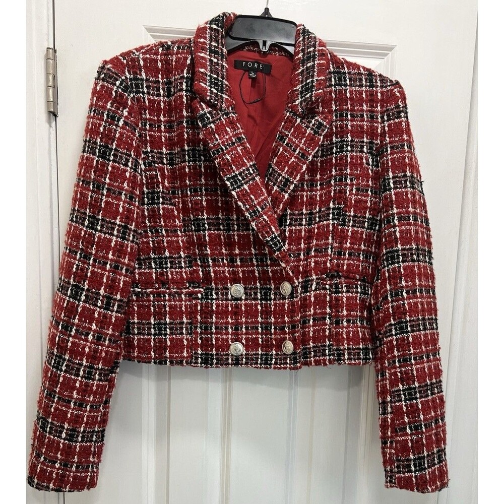 FORE Tweed Cropped Double-Breasted Blazer Red Black White Size L